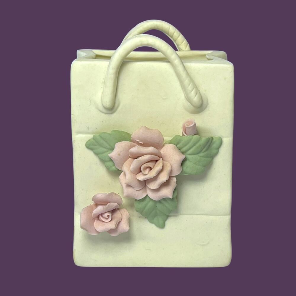 Vintage Taiwan Porcelain Rose Handbag Vase Trinket Holder